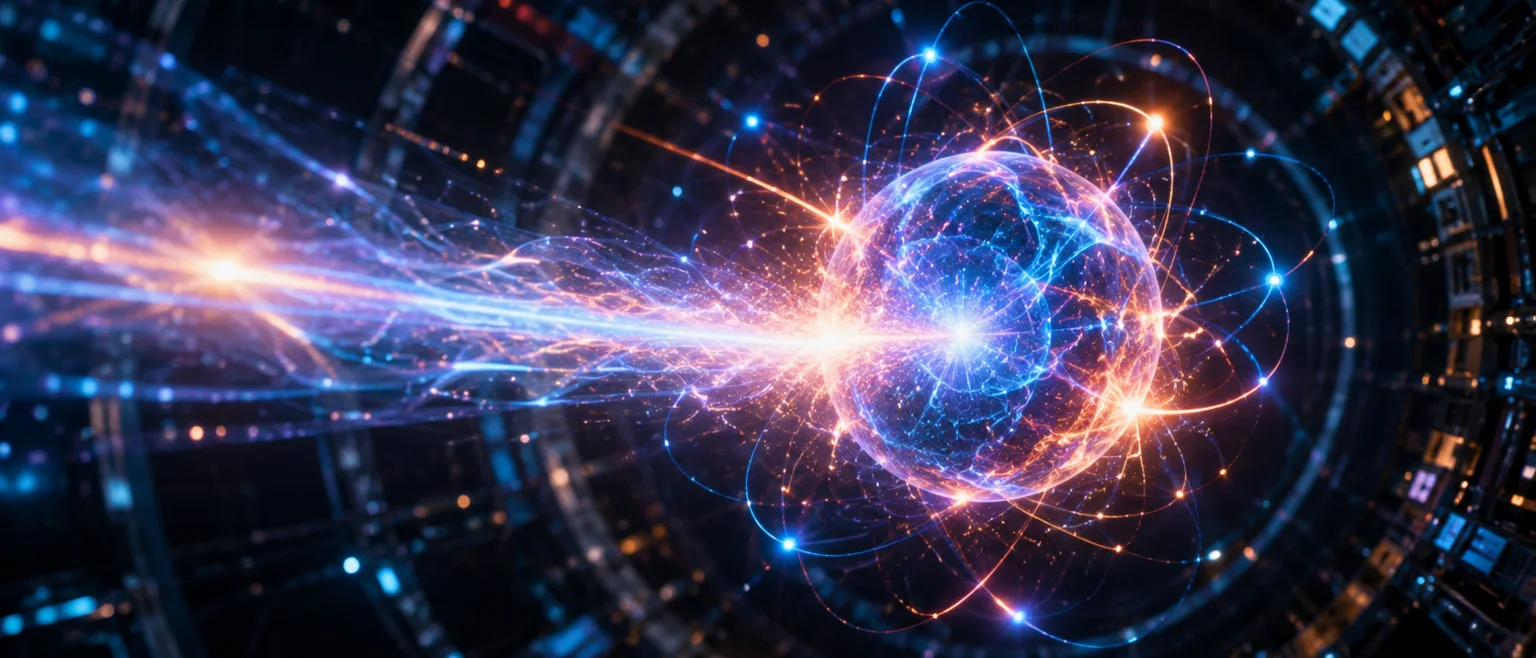 Esfera luminosa de energia pura con particulas subatomicas orbitando ante un colisionador