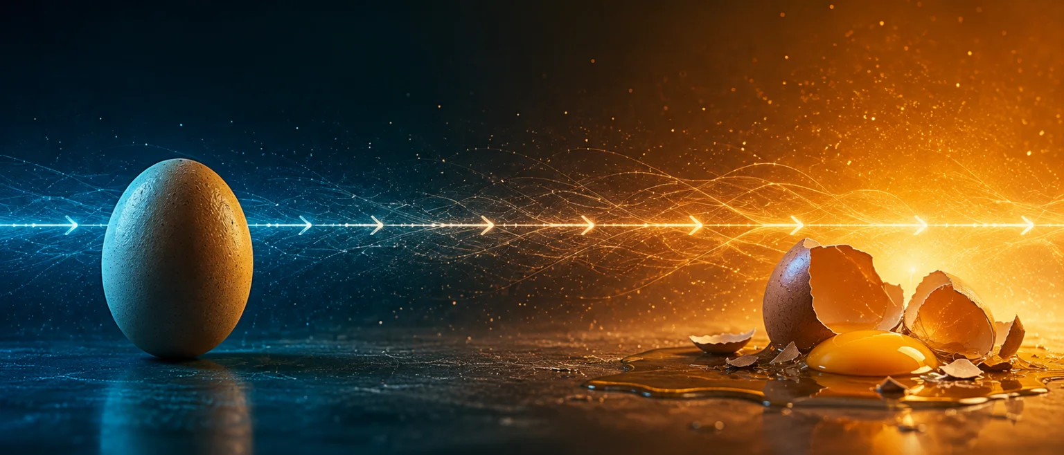 Flecha del tiempo con huevo integro a la izquierda y roto a la derecha sobre linea luminosa