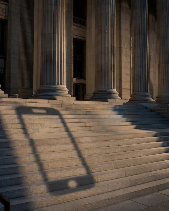 Fachada de una corte federal clásica al atardecer con la sombra de una pantalla iluminada sobre la escalinata