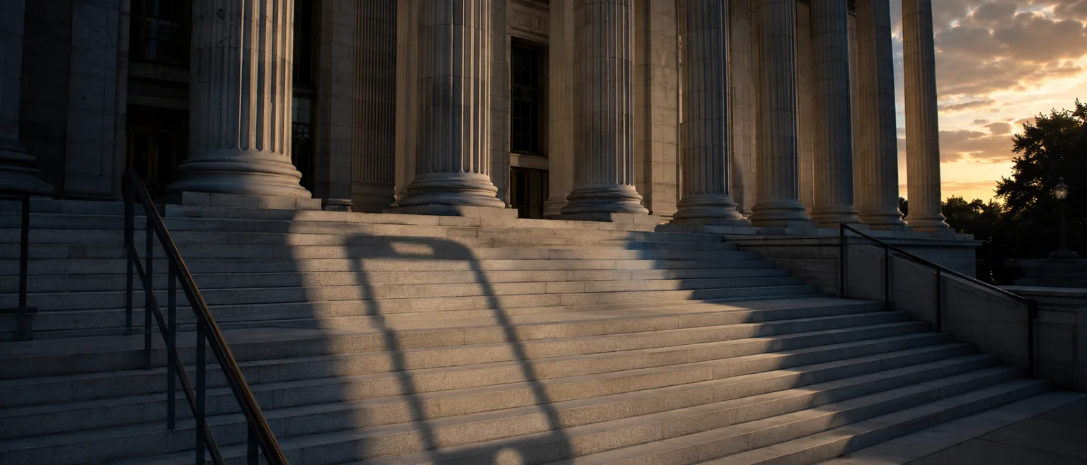 Fachada de una corte federal clásica al atardecer con la sombra de una pantalla iluminada sobre la escalinata
