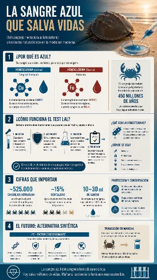 Infografia de la sangre azul del cangrejo herradura con test LAL y alternativa sintetica