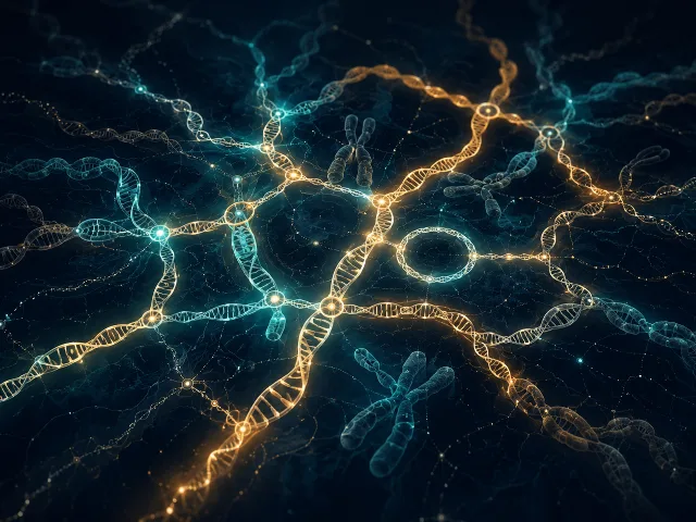 Red abstracta de autopistas brillantes hechas de hebras de ADN entrelazadas en tonos verde azulado y ámbar sobre fondo azul marino