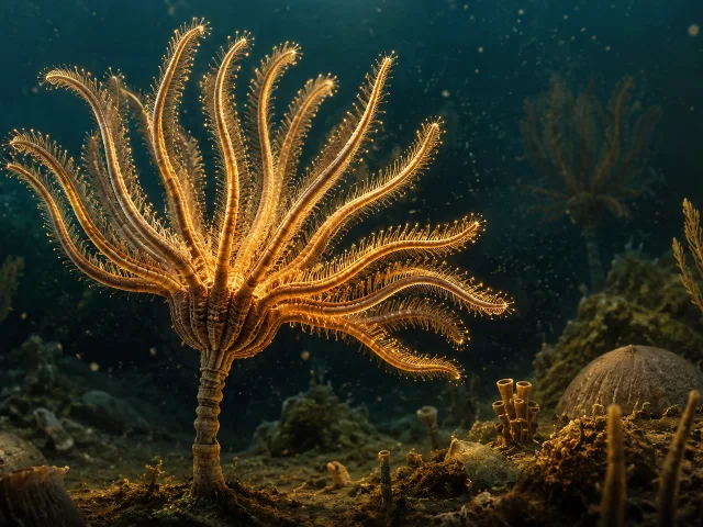 Reconstrucción ilustrada de un crinoideo del Ordovícico con pies tubulares visibles en un fondo marino antiguo
