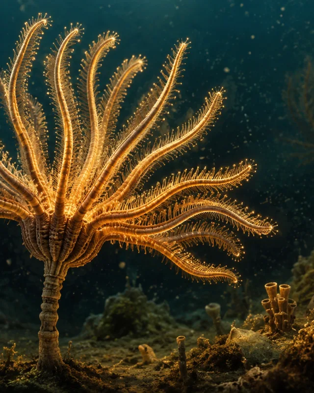 Reconstrucción ilustrada de un crinoideo del Ordovícico con pies tubulares visibles en un fondo marino antiguo