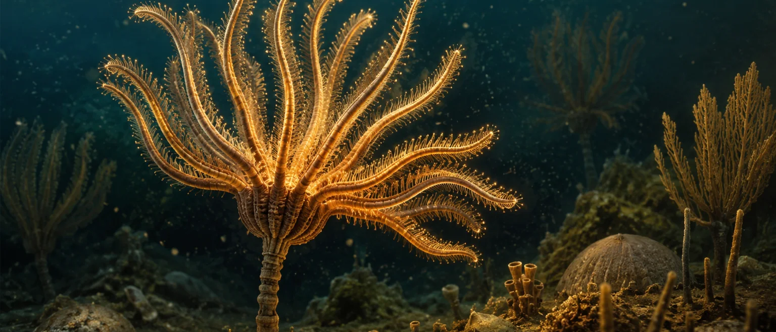 Reconstrucción ilustrada de un crinoideo del Ordovícico con pies tubulares visibles en un fondo marino antiguo