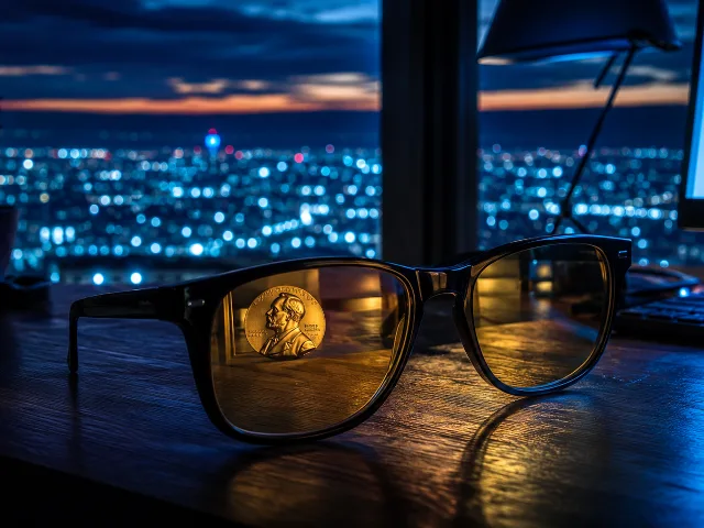 Lentes bloqueadores de luz azul sobre escritorio oscuro reflejando luz de monitor