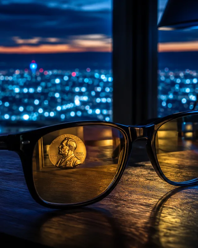 Lentes bloqueadores de luz azul sobre escritorio oscuro reflejando luz de monitor