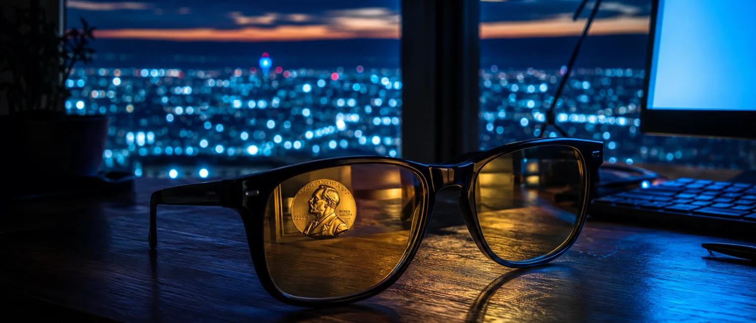 Lentes bloqueadores de luz azul sobre escritorio oscuro reflejando luz de monitor