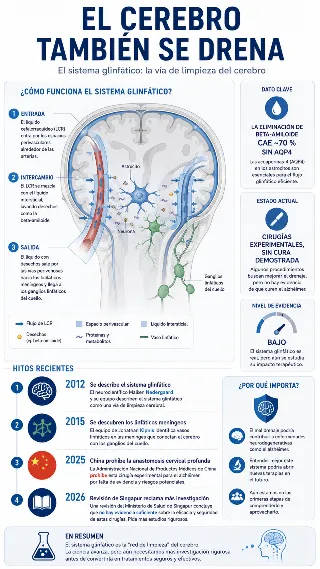 Infografia del sistema glinfatico con diagrama del cerebro y timeline