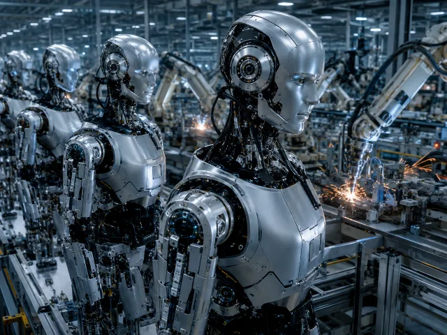 Fila de robots humanoides metalicos en ensamblaje en una fabrica futurista