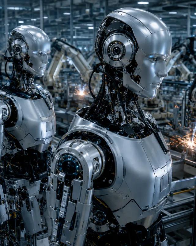 Fila de robots humanoides metalicos en ensamblaje en una fabrica futurista