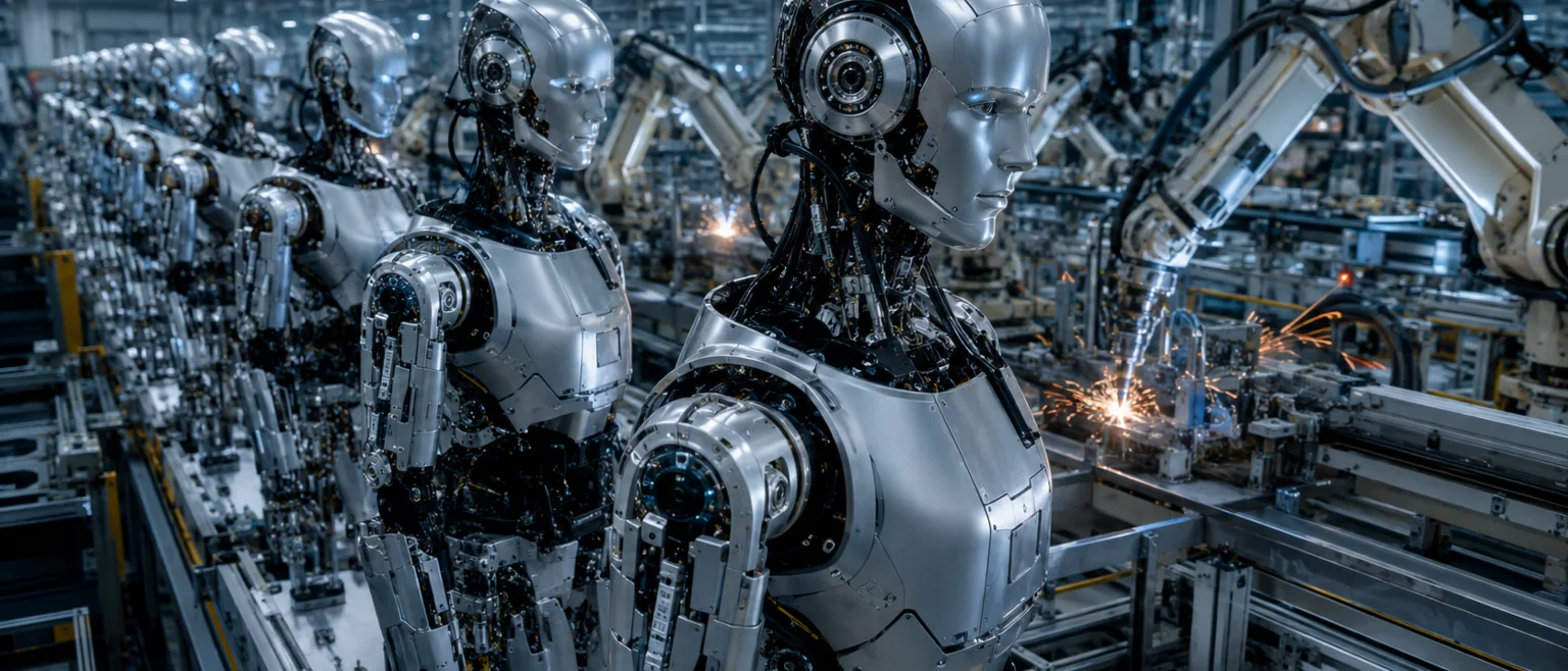 Fila de robots humanoides metalicos en ensamblaje en una fabrica futurista