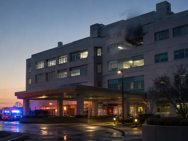 Exterior de un hospital público al amanecer con humo tenue visible en una ventana del piso superior y luces de emergencia encendidas