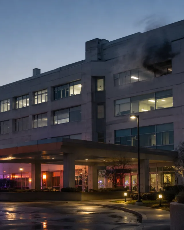 Exterior de un hospital público al amanecer con humo tenue visible en una ventana del piso superior y luces de emergencia encendidas