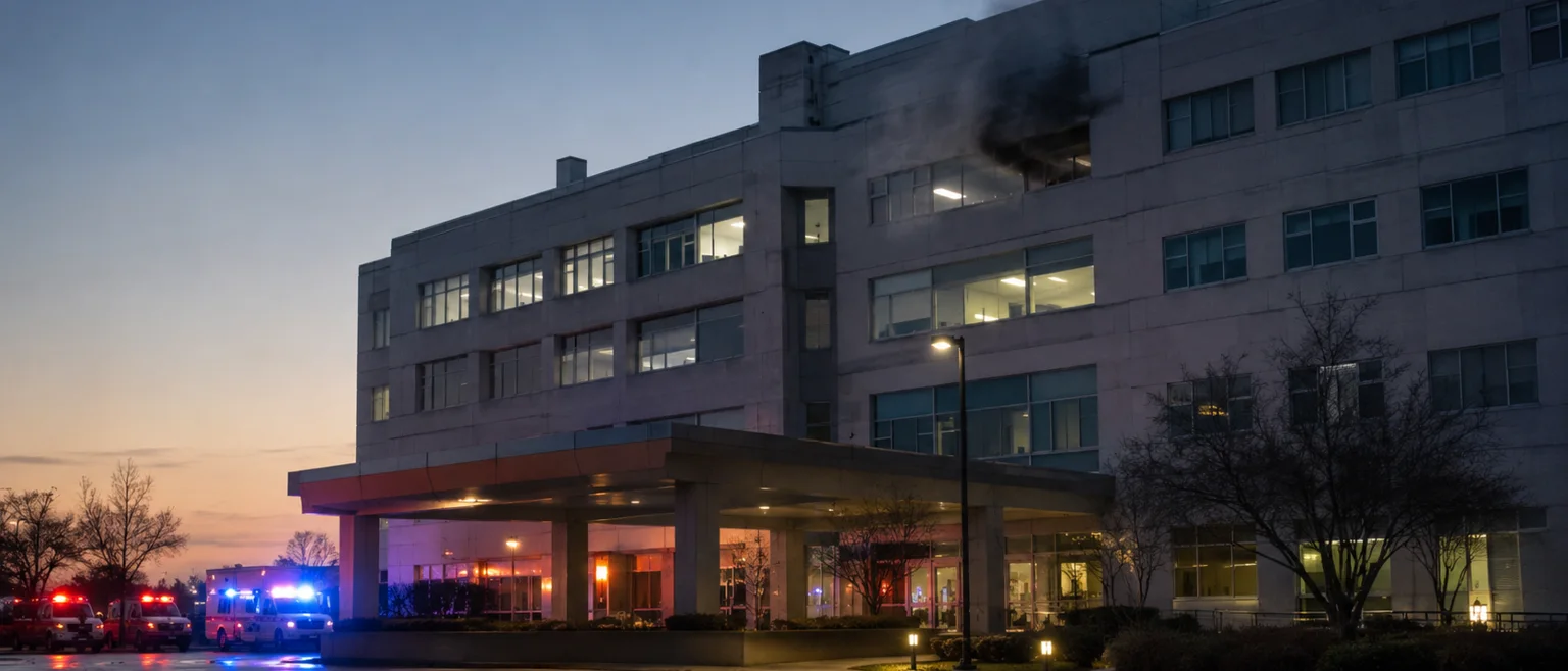 Exterior de un hospital público al amanecer con humo tenue visible en una ventana del piso superior y luces de emergencia encendidas
