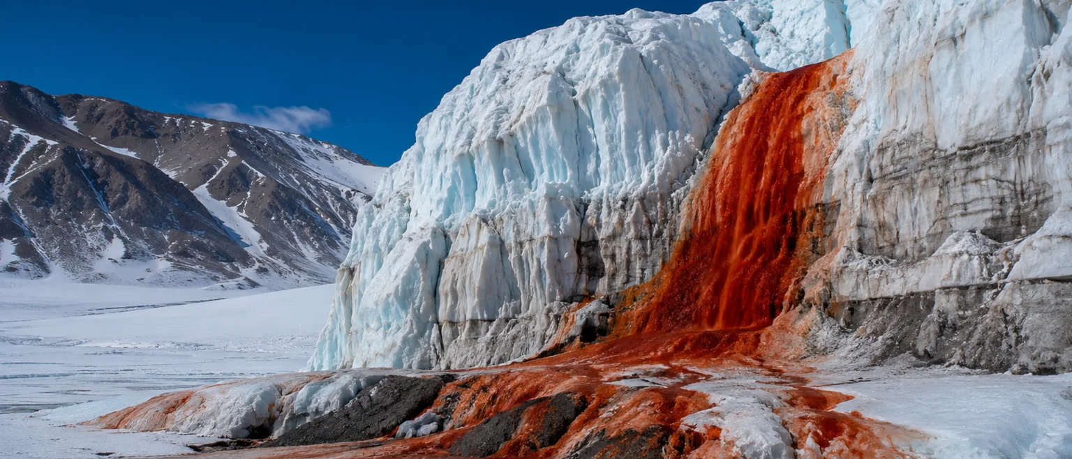 Cataratas de Sangre: agua roja saliendo de un glaciar antartico sobre nieve blanca