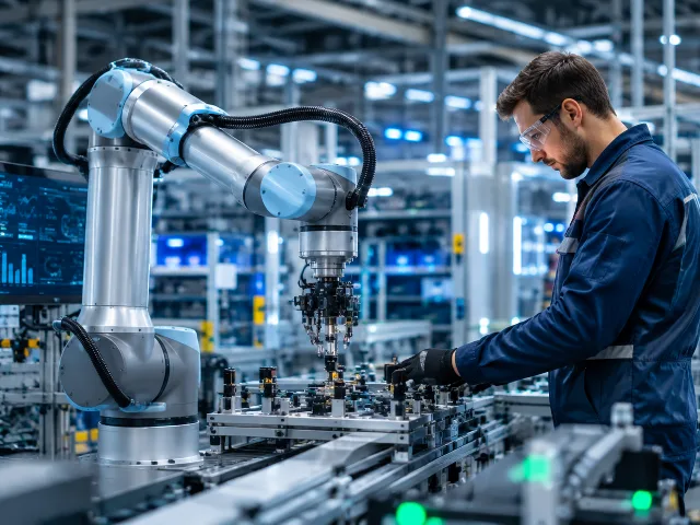 Cobots trabajando junto a humanos en una fabrica industrial moderna y segura