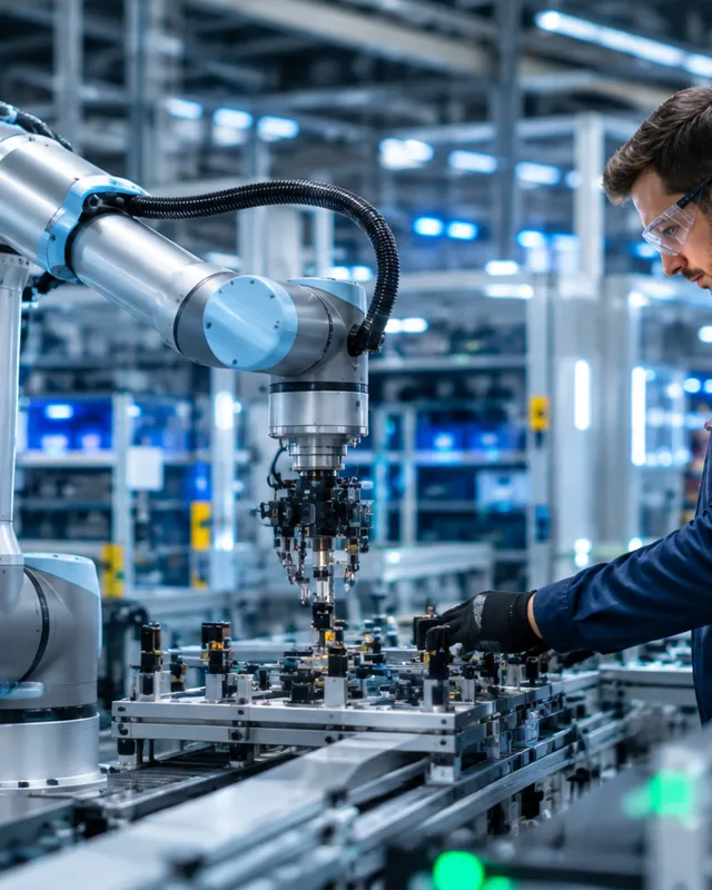 Cobots trabajando junto a humanos en una fabrica industrial moderna y segura