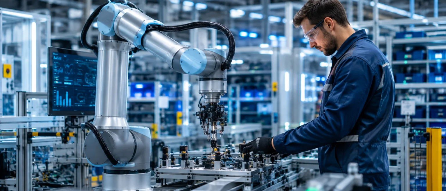 Cobots trabajando junto a humanos en una fabrica industrial moderna y segura