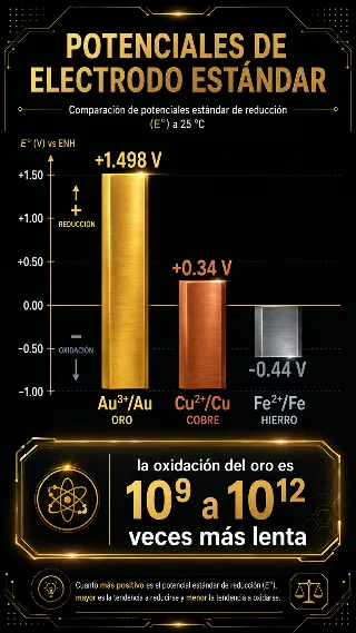 Gráfico de barras verticales comparando los potenciales de electrodo del oro, el cobre y el hierro, con el oro muy por encima de los otros dos metales
