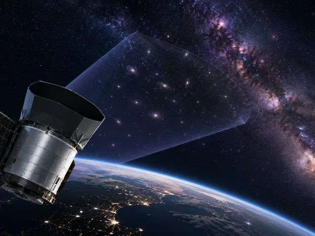 Telescopio espacial Nancy Grace Roman sobre la Tierra con la Via Lactea y cono de censo de galaxias