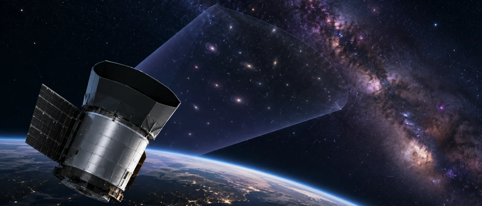 Telescopio espacial Nancy Grace Roman sobre la Tierra con la Via Lactea y cono de censo de galaxias