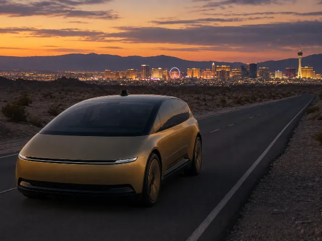 Vehículo autónomo dorado sin volante visible circulando por una autopista del desierto al atardecer con el perfil de Las Vegas brillando a la distancia
