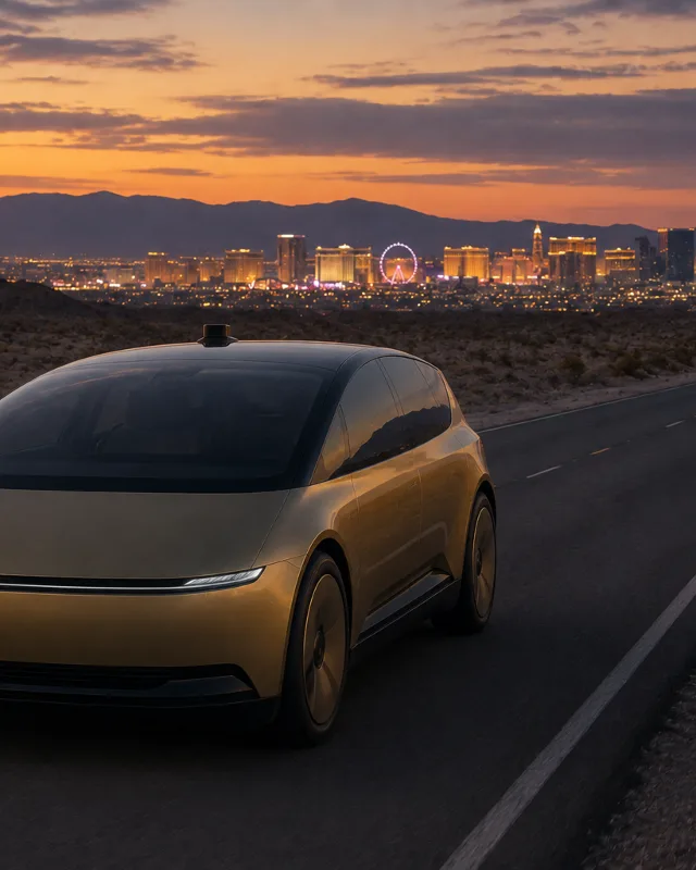 Vehículo autónomo dorado sin volante visible circulando por una autopista del desierto al atardecer con el perfil de Las Vegas brillando a la distancia