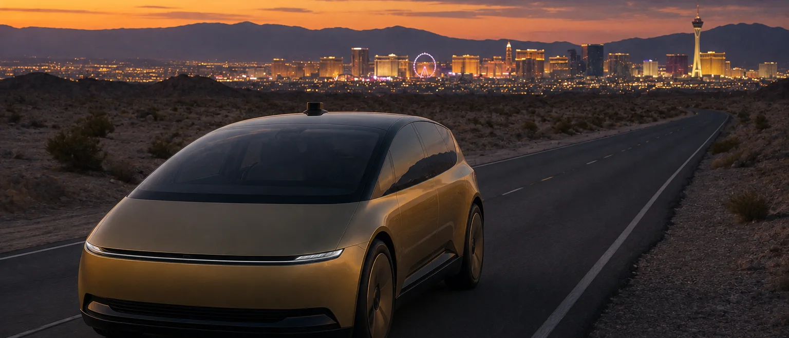Vehículo autónomo dorado sin volante visible circulando por una autopista del desierto al atardecer con el perfil de Las Vegas brillando a la distancia