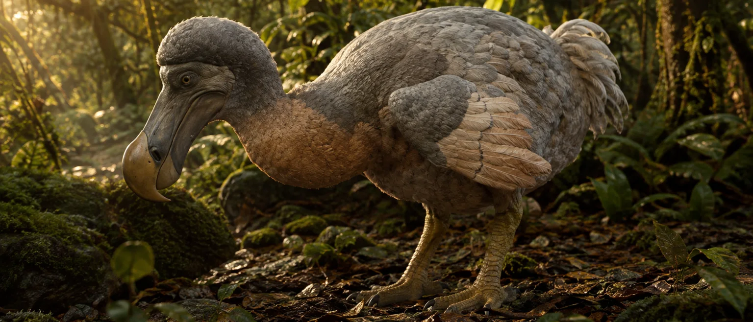Dodo caminando por el sotobosque de Mauricio al atardecer con la cabeza inclinada hacia el suelo