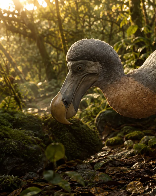 Dodo caminando por el sotobosque de Mauricio al atardecer con la cabeza inclinada hacia el suelo