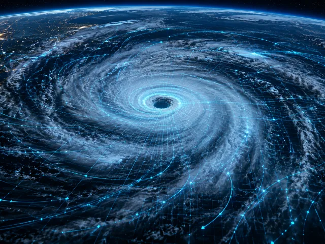 Ciclon con espiral de nubes y linea de datos de IA en cian sobre el ojo de la tormenta
