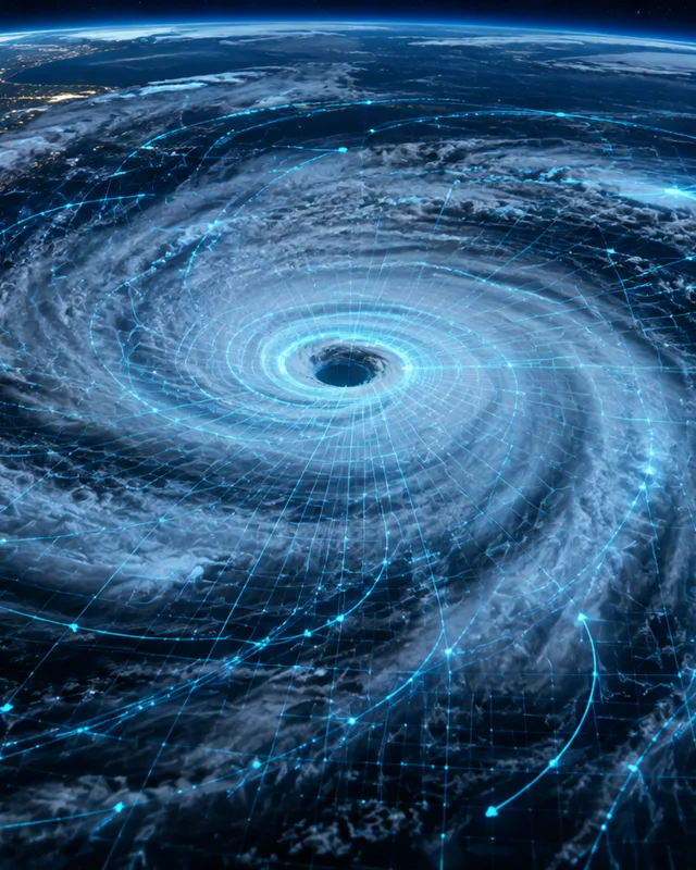 Ciclon con espiral de nubes y linea de datos de IA en cian sobre el ojo de la tormenta