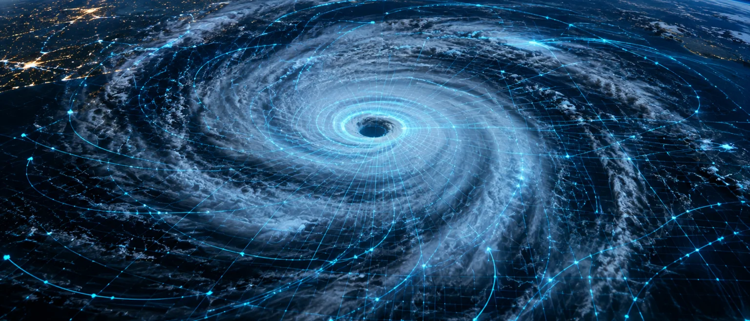 Ciclon con espiral de nubes y linea de datos de IA en cian sobre el ojo de la tormenta