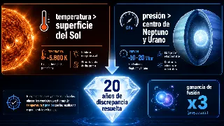 Infografía comparando temperatura mayor que el Sol y presión mayor que el centro de Neptuno y Urano, con la cifra de 20 años de discrepancia resuelta