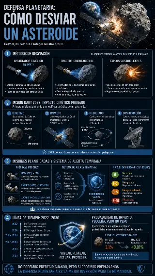 Infografia de como desviar asteroides con DART y metodos de desviacion