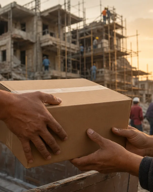 Manos entregando cajas de ayuda humanitaria frente a edificios en reparación al atardecer