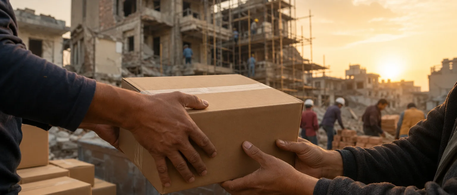 Manos entregando cajas de ayuda humanitaria frente a edificios en reparación al atardecer
