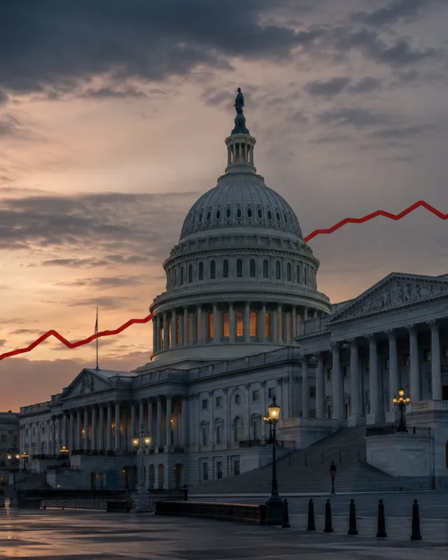 El Capitolio de Estados Unidos al atardecer con una línea de gráfico ascendente en rojo oscuro superpuesta sobre el cielo