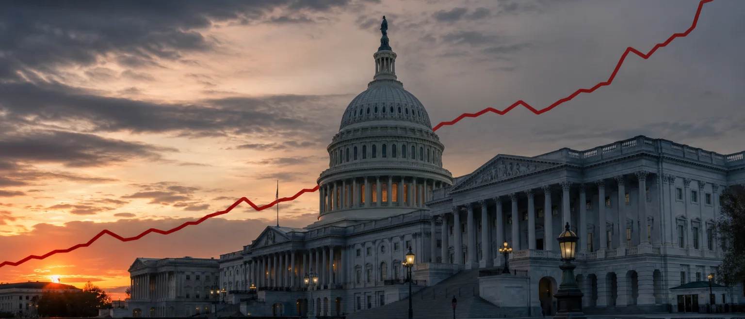 El Capitolio de Estados Unidos al atardecer con una línea de gráfico ascendente en rojo oscuro superpuesta sobre el cielo