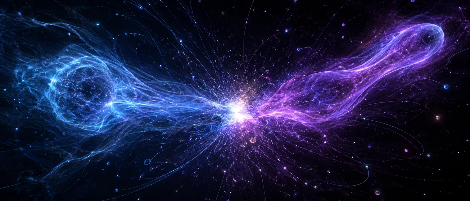 Visualización abstracta de una colisión de partículas con dos haces de energía azul y violeta convergiendo, sugiriendo formas nucleares esférica y alargada