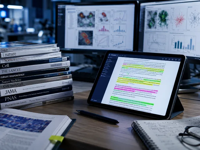 Escritorio de laboratorio con revistas cientificas y tableta con texto iluminado