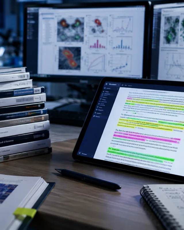Escritorio de laboratorio con revistas cientificas y tableta con texto iluminado