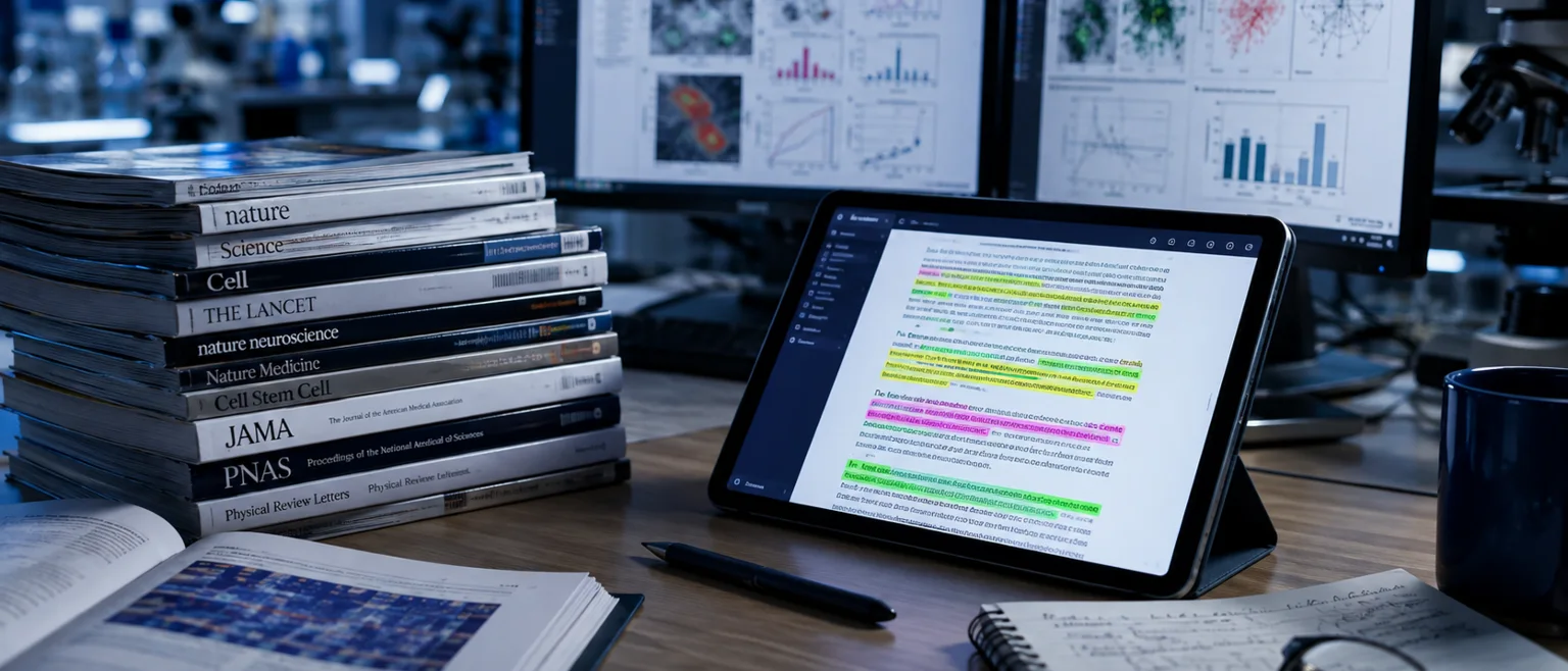 Escritorio de laboratorio con revistas cientificas y tableta con texto iluminado