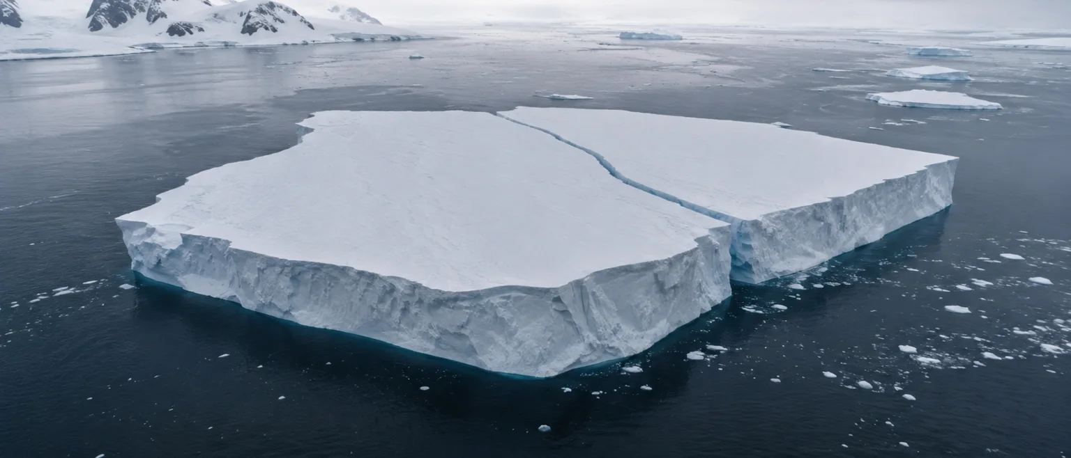 Vista aérea de un enorme iceberg tabular recién separado de un glaciar en Groenlandia, línea de fractura visible, cielo ártico nublado