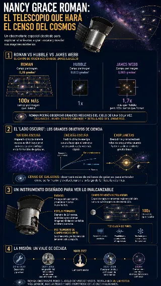 Infografia del telescopio Roman con comparativa de campos de vision y censo del cosmos