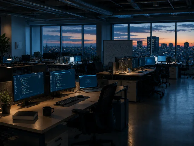 Oficina moderna de planta abierta vacía al atardecer, filas de escritorios desocupados con monitores encendidos suavemente, tonos azul-gris fríos