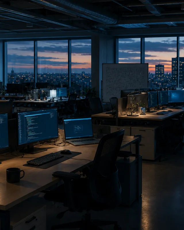 Oficina moderna de planta abierta vacía al atardecer, filas de escritorios desocupados con monitores encendidos suavemente, tonos azul-gris fríos
