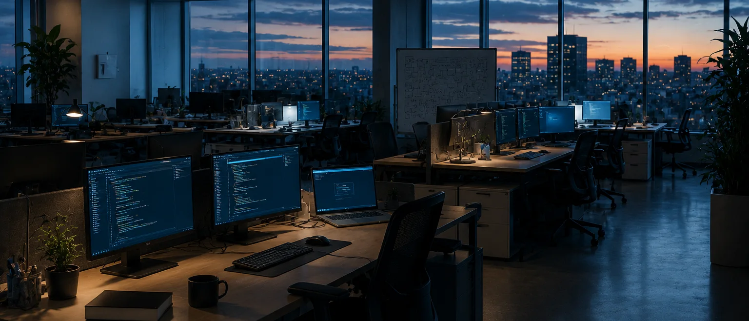 Oficina moderna de planta abierta vacía al atardecer, filas de escritorios desocupados con monitores encendidos suavemente, tonos azul-gris fríos