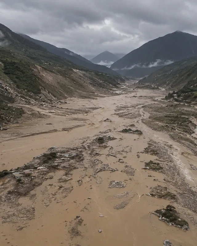 Vista aérea de un valle del Himalaya tras una inundación repentina, agua turbia donde antes había un pueblo, terreno montañoso, cielo nublado